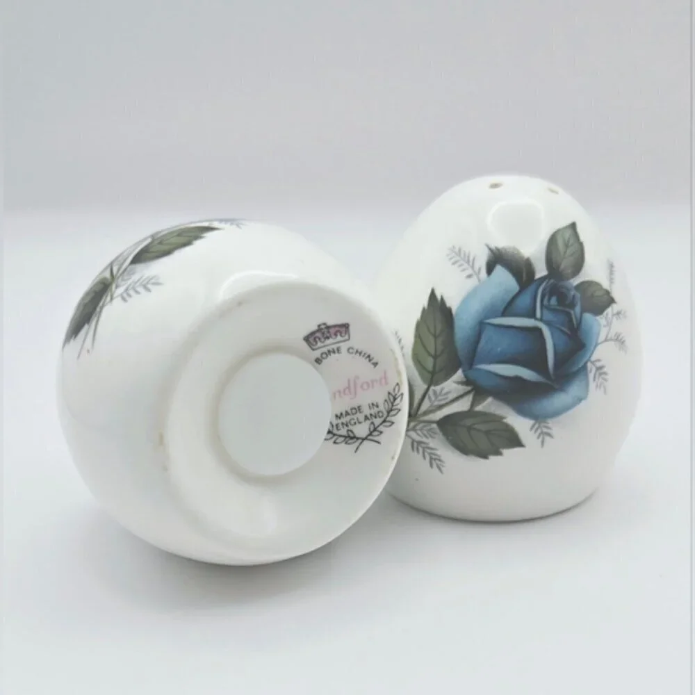 Vintage Sanford Fine Bone China Blue Rose Flowers Salt & Pepper Shakers